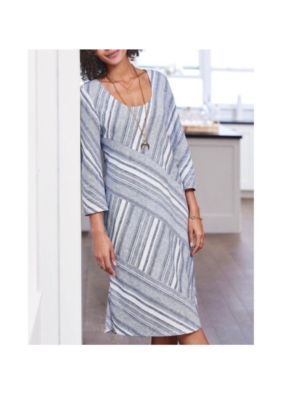Soft Surroundings Sonya Blue & White Striped Linen-Blend pockets Dress M